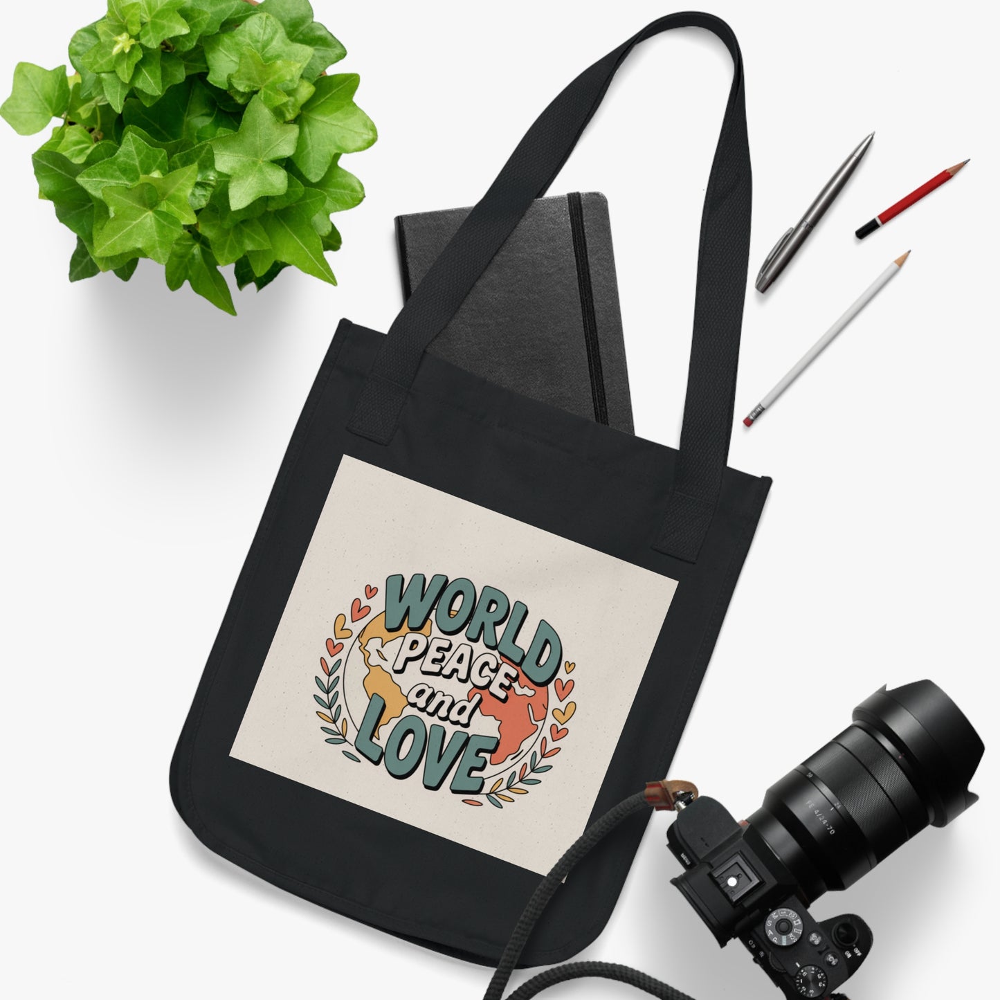 Eco-Friendly Organic Canvas Tote Bag - World Peace and Love Design