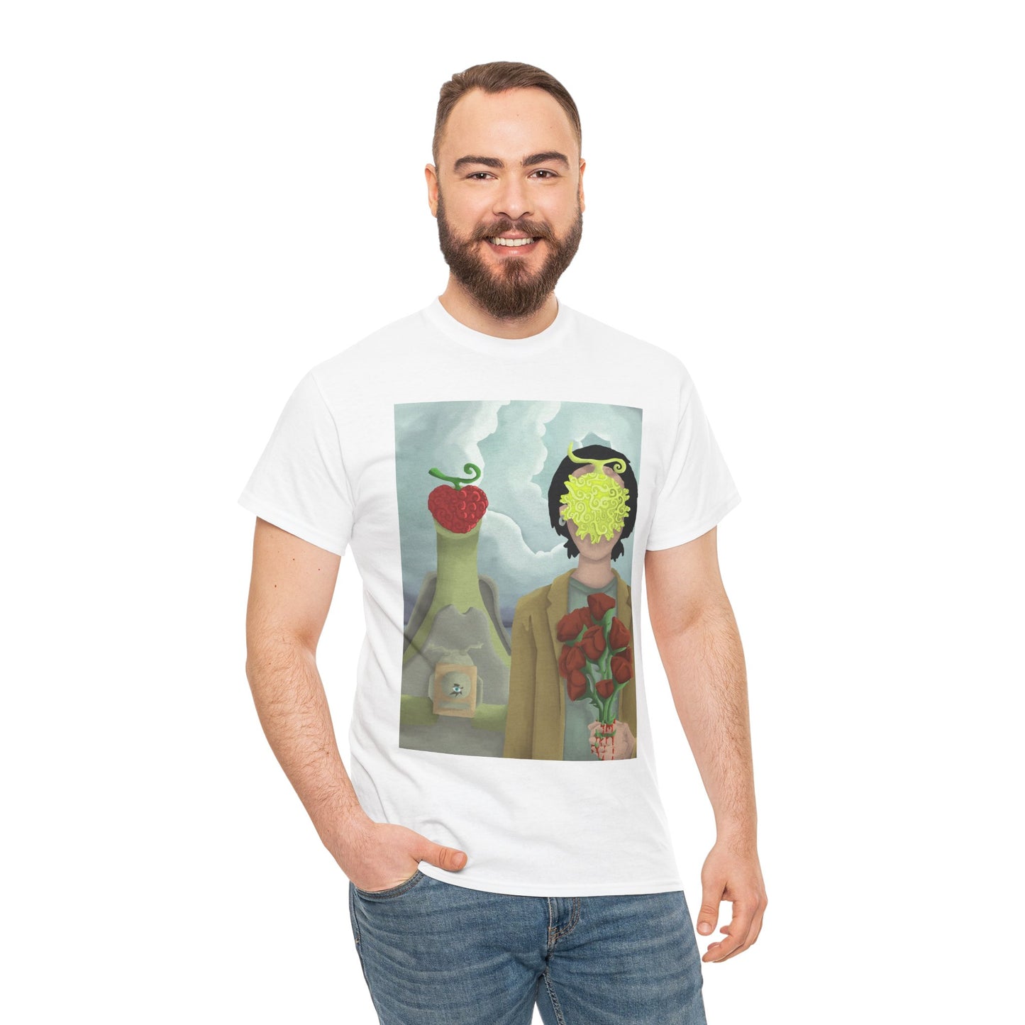 Surreal Floral Portrait T-Shirt — Artistic Apple & Flower Graphic Tee