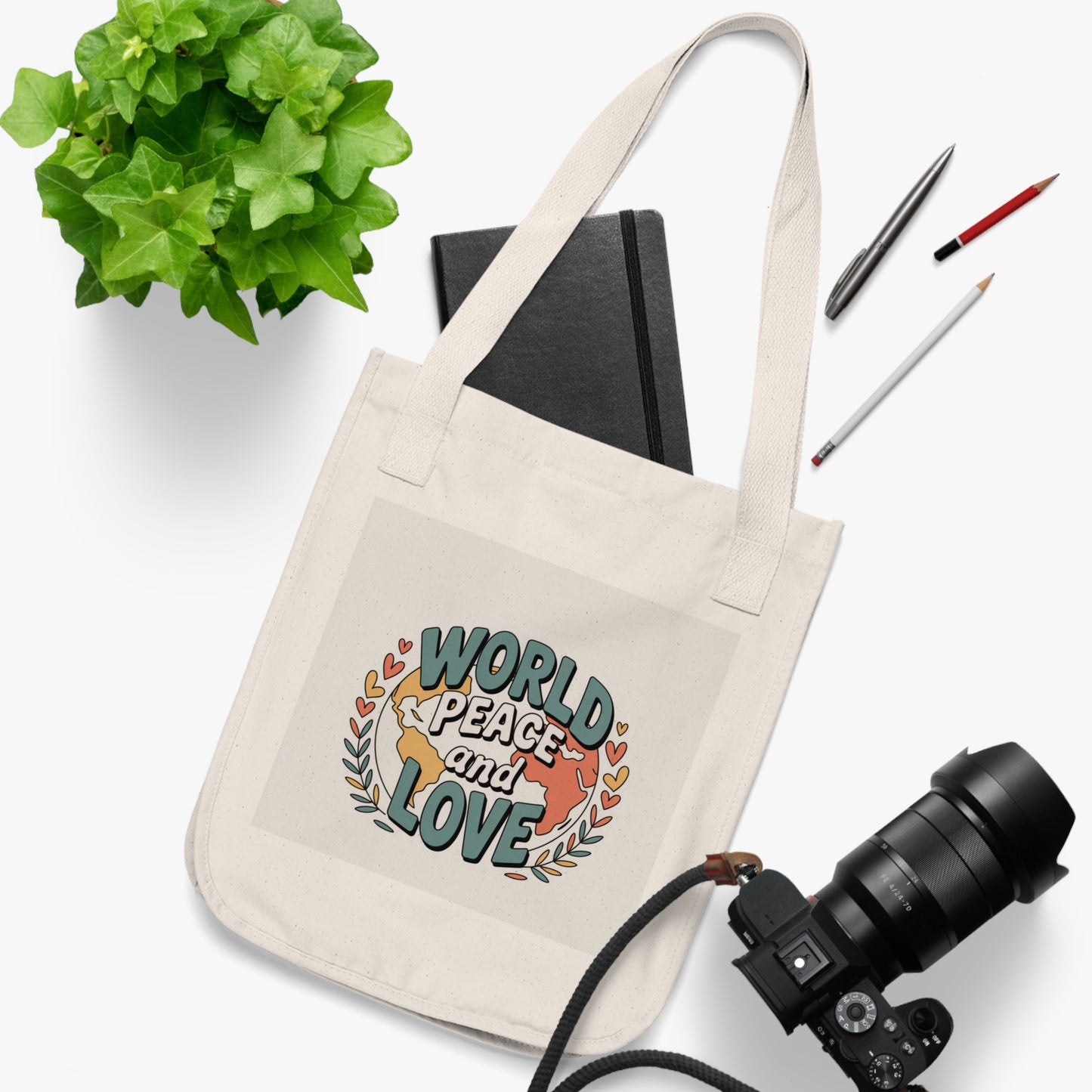 Eco-Friendly Organic Canvas Tote Bag - World Peace and Love Design