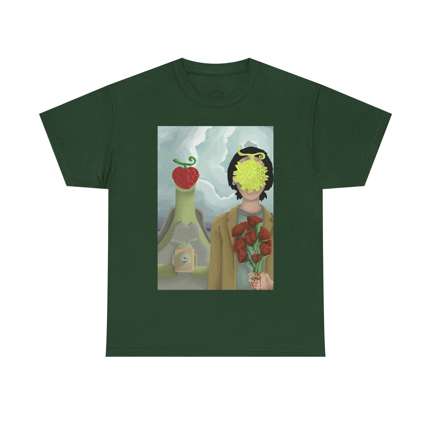 Surreal Floral Portrait T-Shirt — Artistic Apple & Flower Graphic Tee