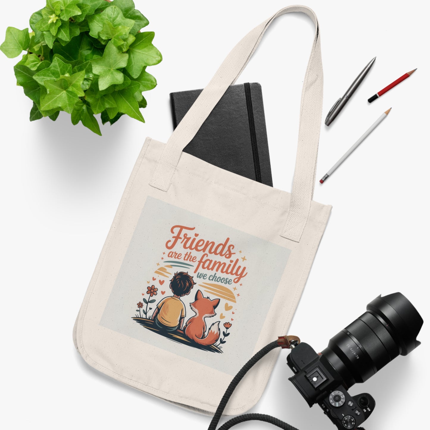 Tote Bag — "Friends Are the Family We Choose" Cute Dog & Fox Illustration Eco Tote