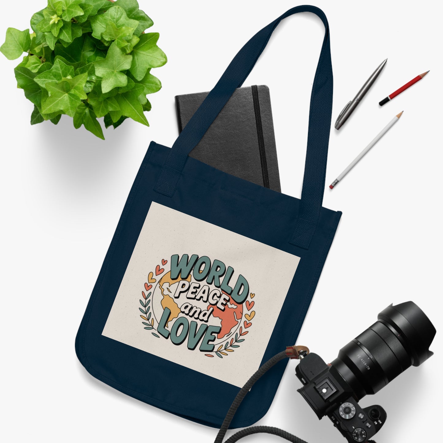 Eco-Friendly Organic Canvas Tote Bag - World Peace and Love Design